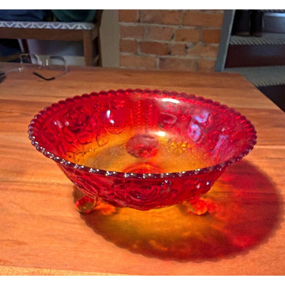 LE Smith Amberina Pressed Glass Footed Floral Bowl Rose Pattern Scalloped Rim 8"
